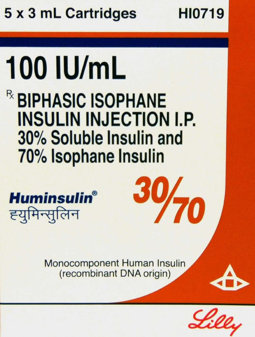 Huminsulin 30/70 100IU/ml Cartridge 5 x 3 ml - Diabetes Division Medicine by Eli Lilly & Company India Pvt Ltd